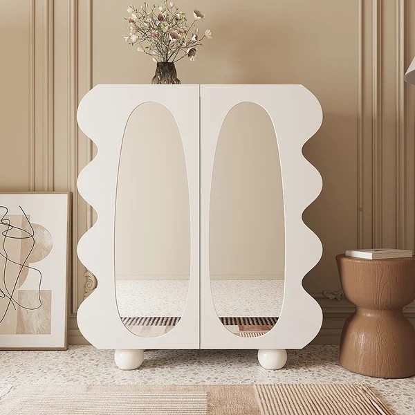 Modern White Shoe Storage Wave Design Wooden Mirror Shoe Cabinet