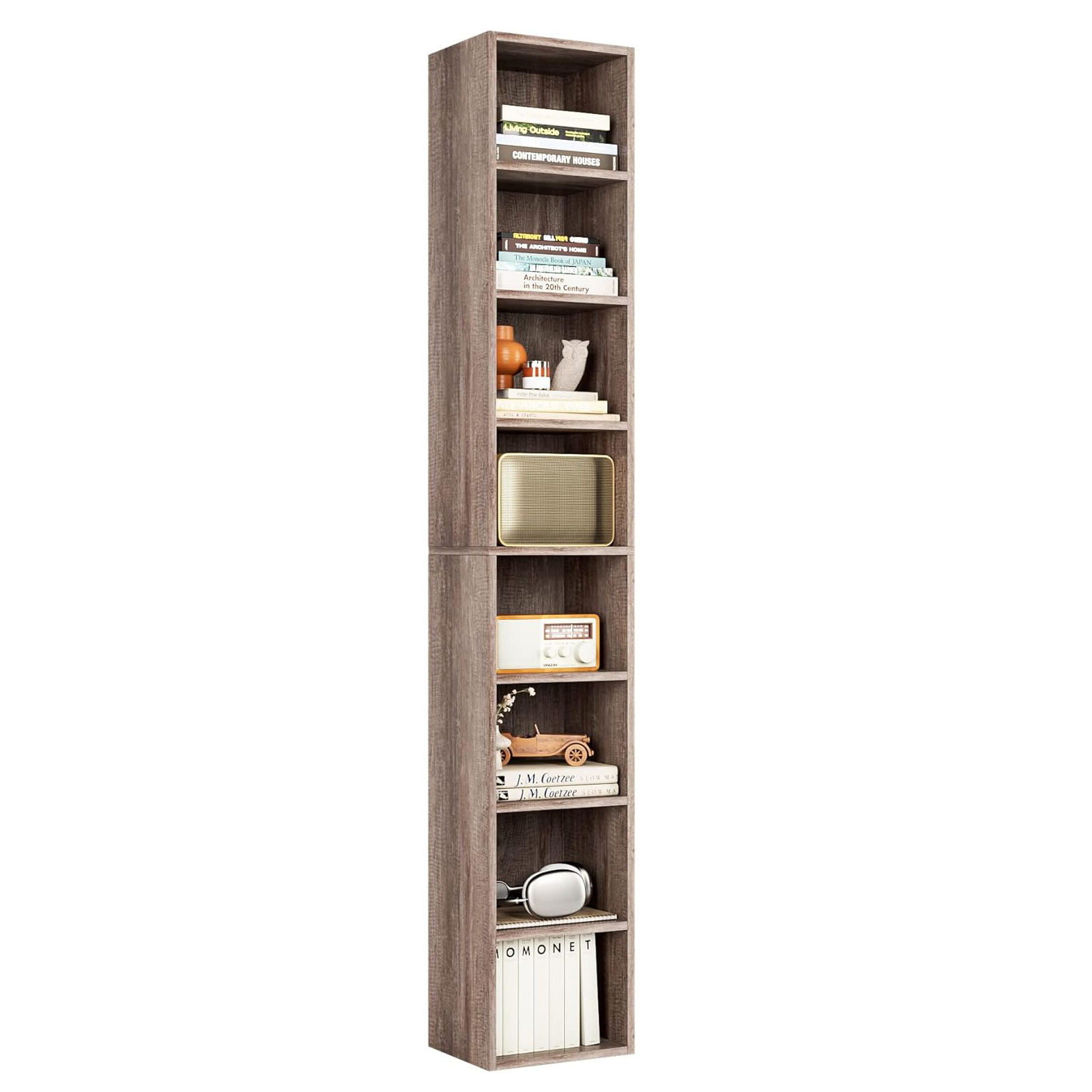 Slim Storage Cabinet Adjustable Shelves Tall Narrow Bookcase Wooden Display Book Shelf