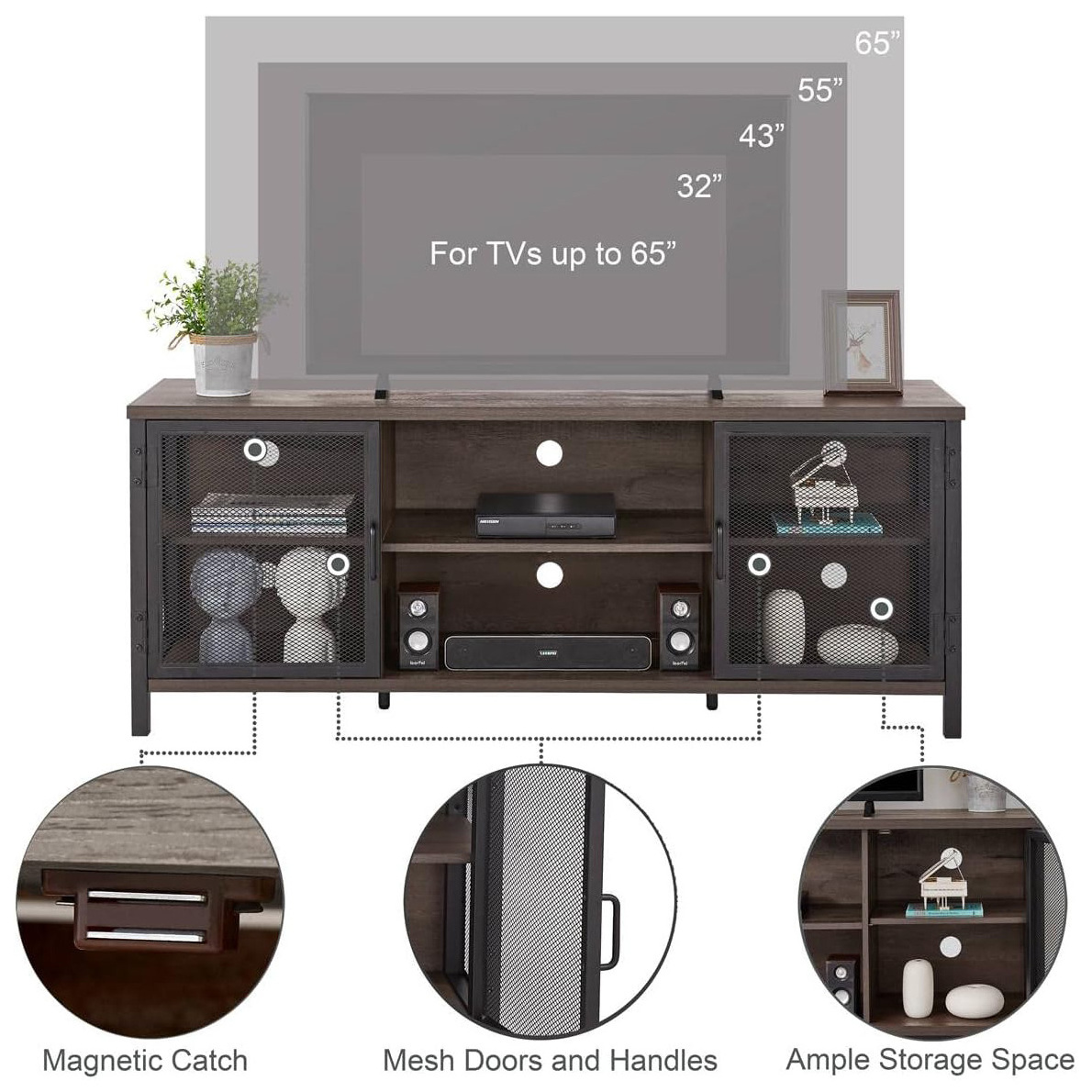 Industrial Entertainment Console Center Rustic Wood TV Stand Metal Mesh Door TV Cabinet