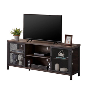 Industrial Entertainment Console Center Rustic Wood TV Stand Metal Mesh Door TV Cabinet