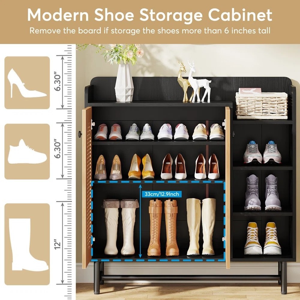 Modern Entryway Shoe Rack Wooden Rattan Shoe Cabinet