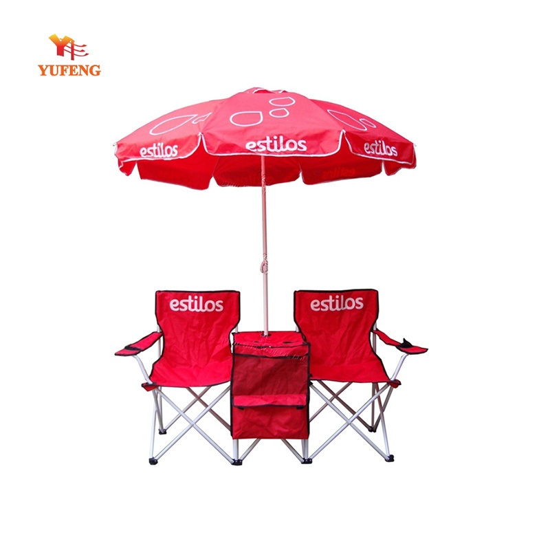 Double folding camping chair with table and umbrella