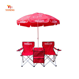 Double folding camping chair with table and umbrella