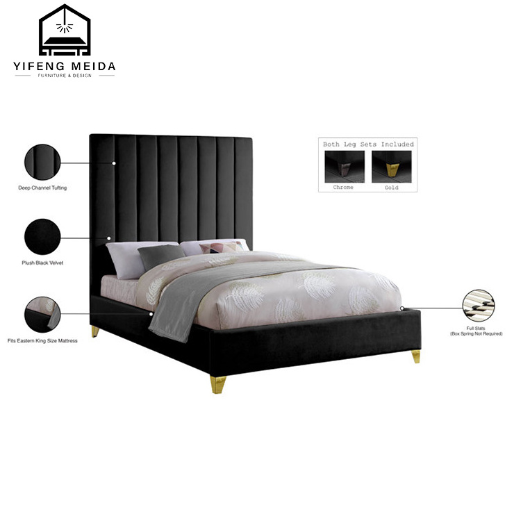 luxury customized full size fabric velvet new style hotel furniture villa bedroom solid wood frame bed