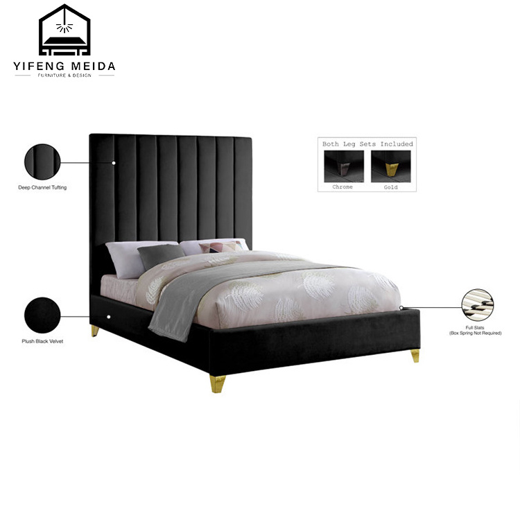 luxury customized full size fabric velvet new style hotel furniture villa bedroom solid wood frame bed