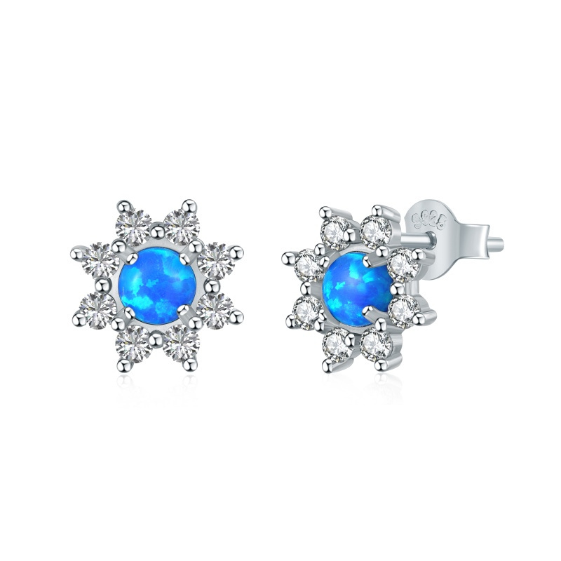 High Quality Hypoallergenic 925 Sterling Silver5A Cubic Zirconia Diamond Gemstone White Blue Synthetic Opal Sun Stud Earrings