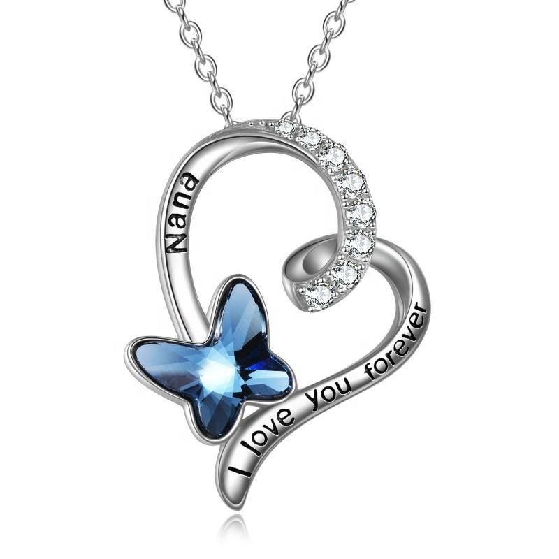 White Gold Plated 925 Sterling Silver Waterproof Heart With Blue Butterfly Crystal Pendent Necklace