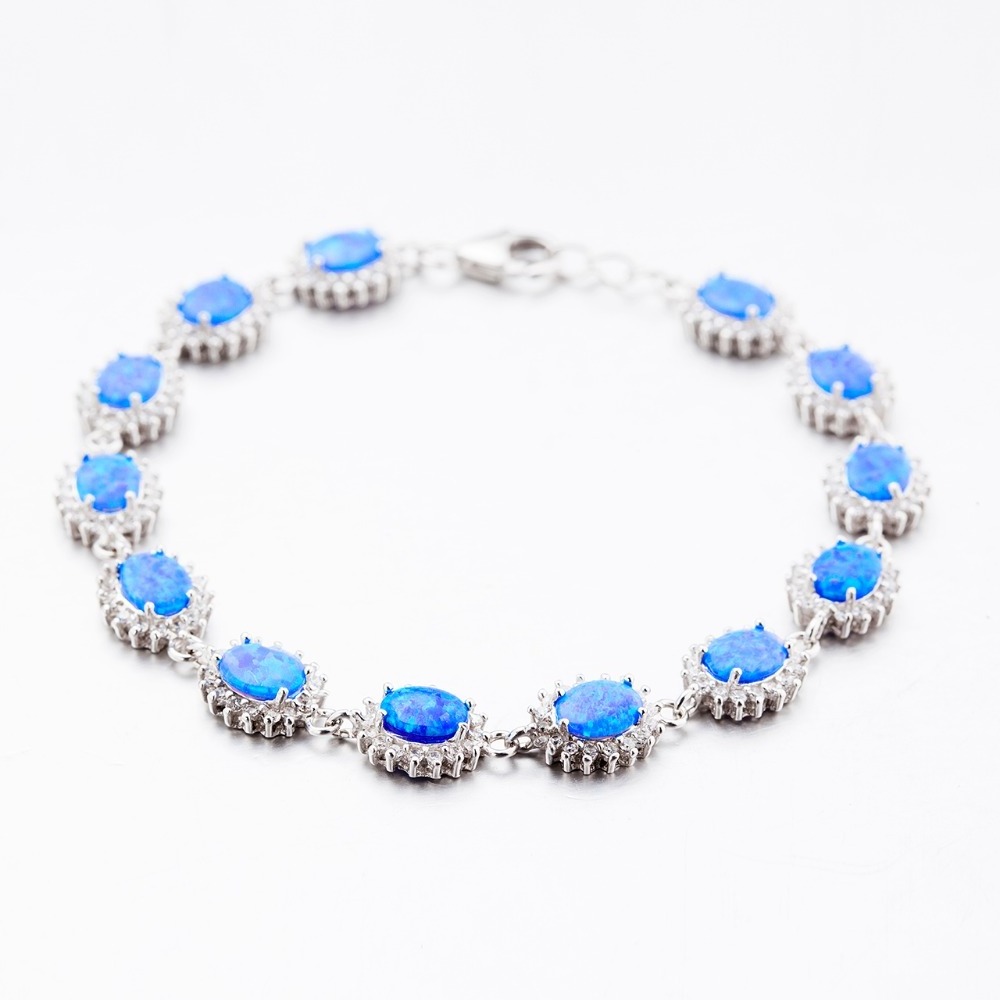 Fashion Women Jewelry 925 Sterling Silver Solid Blue Stone Opal Bracelet