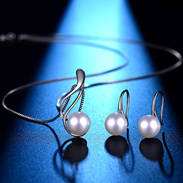 Wedding Bridal Jewelry Set 925 Sterling Silver Rhodium Plated Pearl Necklace And Earrings Set For Women