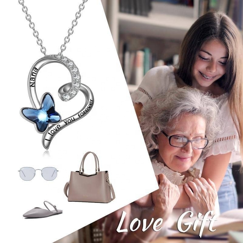 White Gold Plated 925 Sterling Silver Waterproof Heart With Blue Butterfly Crystal Pendent Necklace