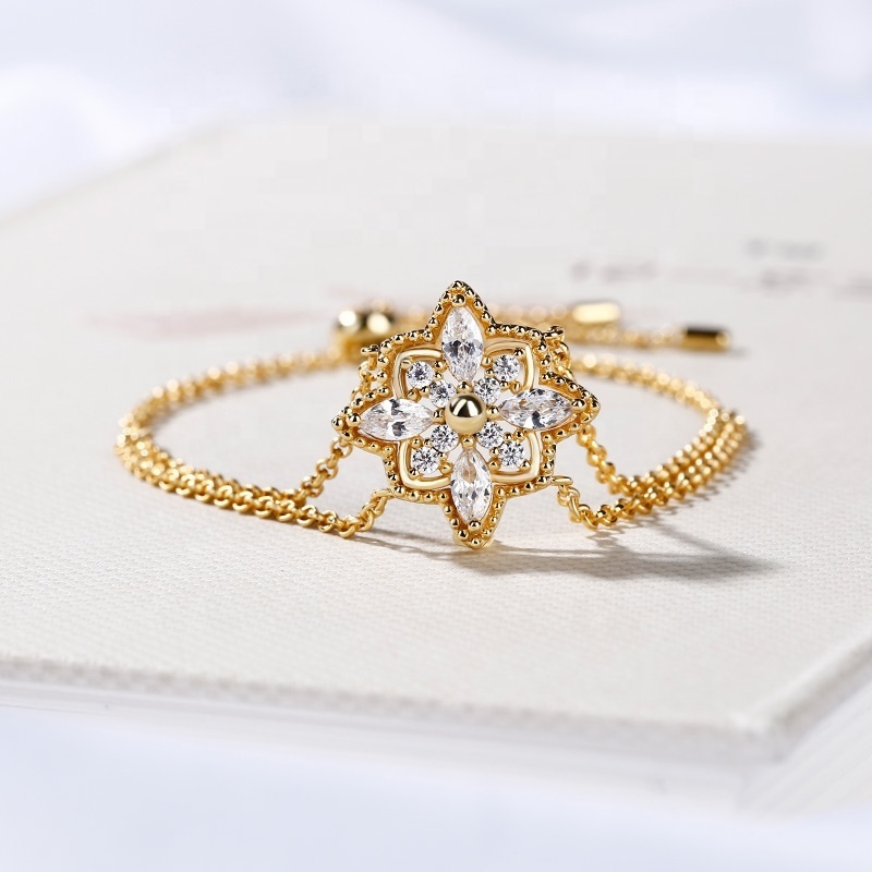 Fashion Gold Plated Adjustable 925 Sterling Silver Flower Star Diamond Cz Fine Bracelet