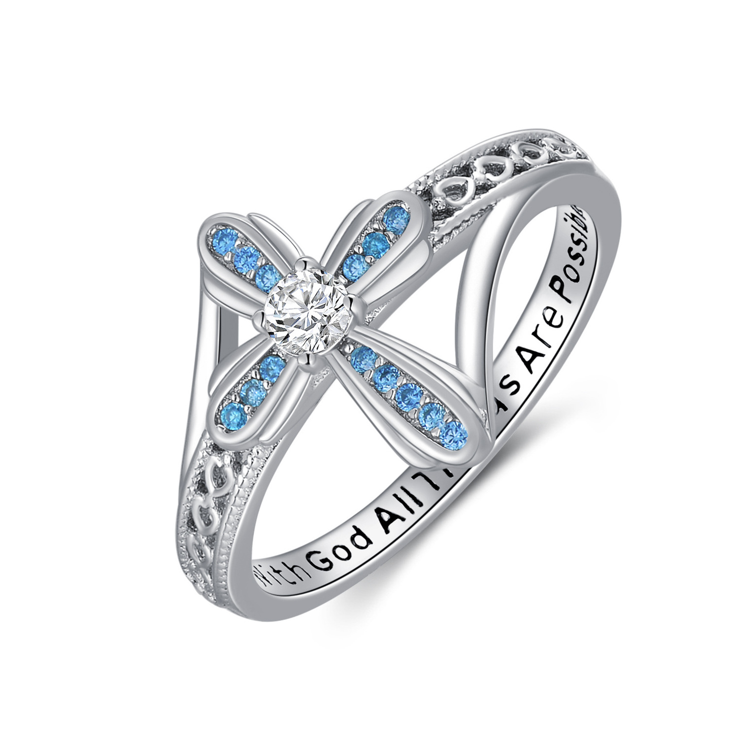 Christian Lettering Hollow Inlaid Crystal Cross Rings Women Engagement Wedding Zircon Ring