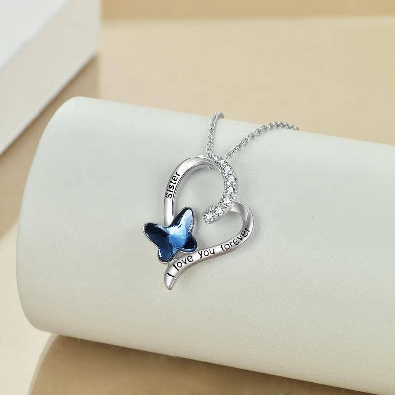 White Gold Plated 925 Sterling Silver Waterproof Heart With Blue Butterfly Crystal Pendent Necklace