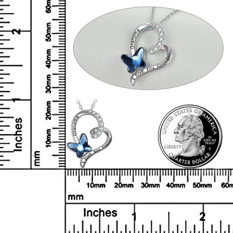 White Gold Plated 925 Sterling Silver Waterproof Heart With Blue Butterfly Crystal Pendent Necklace