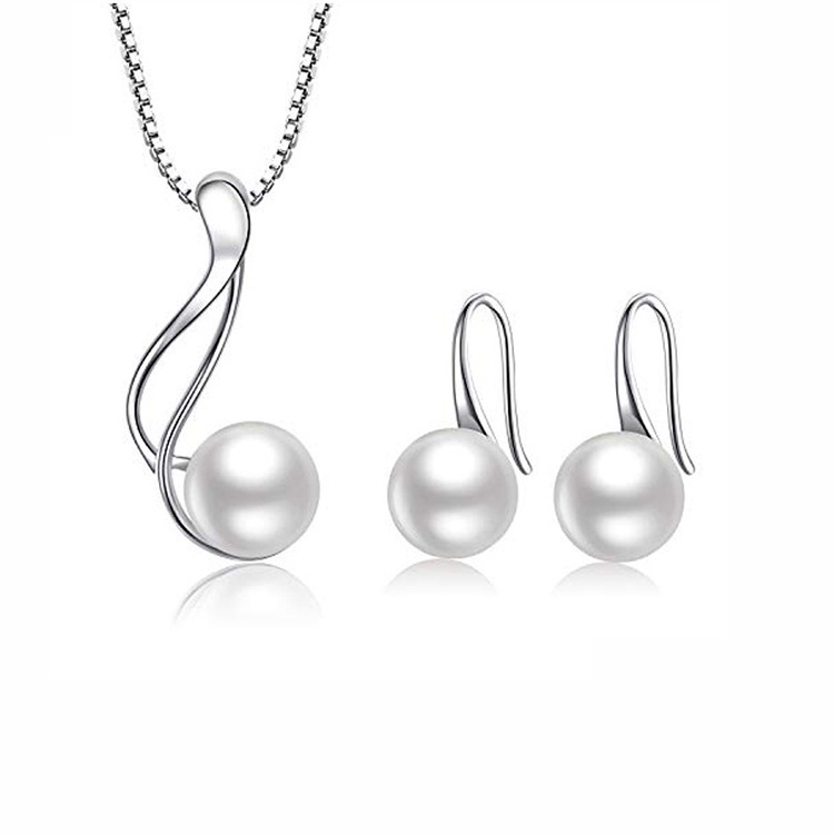 Wedding Bridal Jewelry Set 925 Sterling Silver Rhodium Plated Pearl Necklace And Earrings Set For Women