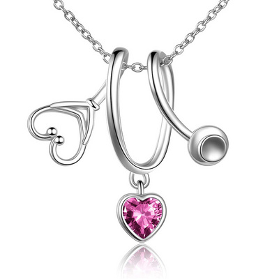 Custom Doctor Nurse Jewelry Necklaces Personalized Gift 925 Sterling Silver Heart Zircon Stethoscope Necklace