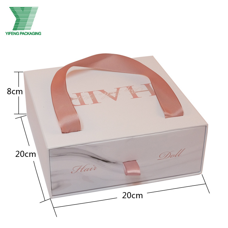 CMYK Customized Logo Sliding Out Box Ribbon Handle Printing Cardboard Drawer Box for Wigs Hair Extension Packaging