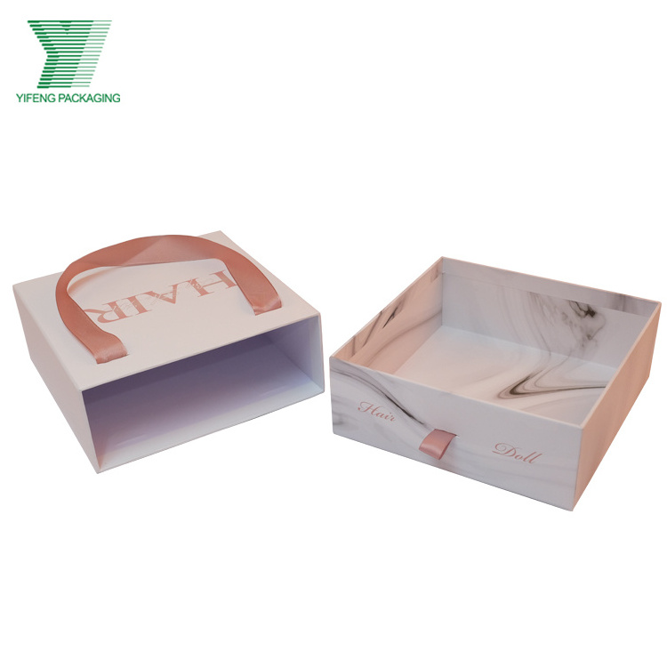 CMYK Customized Logo Sliding Out Box Ribbon Handle Printing Cardboard Drawer Box for Wigs Hair Extension Packaging