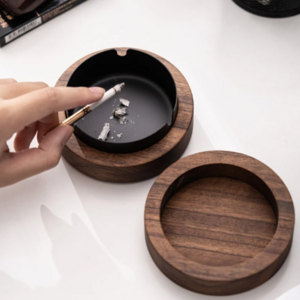 Walnut Wood Desktop Ashtray With Lid Stainless Steel Windproof Ash Tray for Office Home