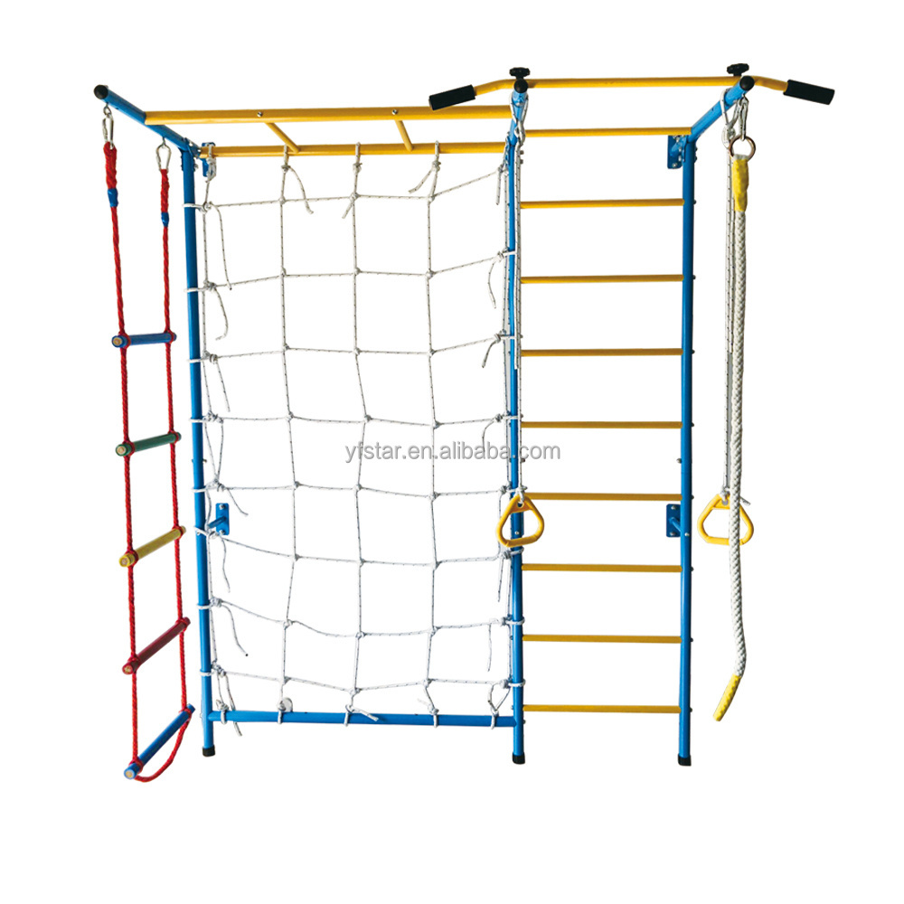 2024 Kids Indoor Fitness and Play Equipment Wall Mount Monkey Bars with Monkey Rope Swing and Climbing Rope Ladder