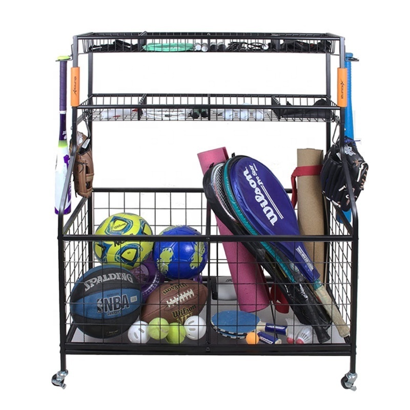 Garage Sports Equipment Storage Organizer with Baskets and Hooks  Sports Ball Gear Rack Holders storage racks