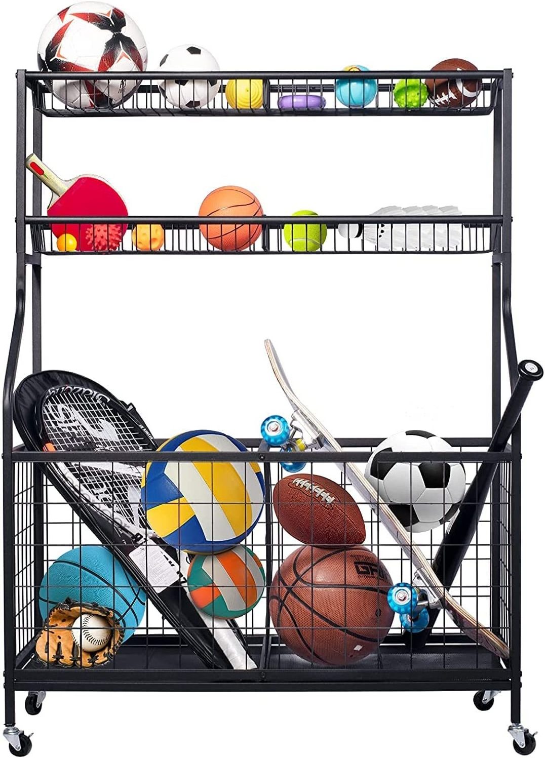 Garage Sports Equipment Storage Organizer with Baskets and Hooks  Sports Ball Gear Rack Holders storage racks