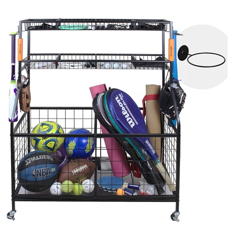 Garage Sports Equipment Storage Organizer with Baskets and Hooks  Sports Ball Gear Rack Holders storage racks