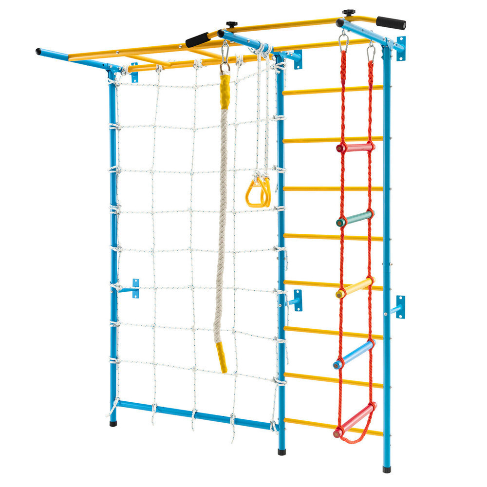 2024 Kids Indoor Fitness and Play Equipment Wall Mount Monkey Bars with Monkey Rope Swing and Climbing Rope Ladder