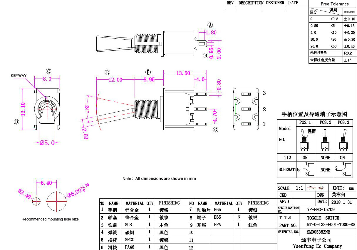 Toggle Switch  Flat Handle  ON (ON) SPDT 3P  Single Side Momentary Miniature Toggle Switch