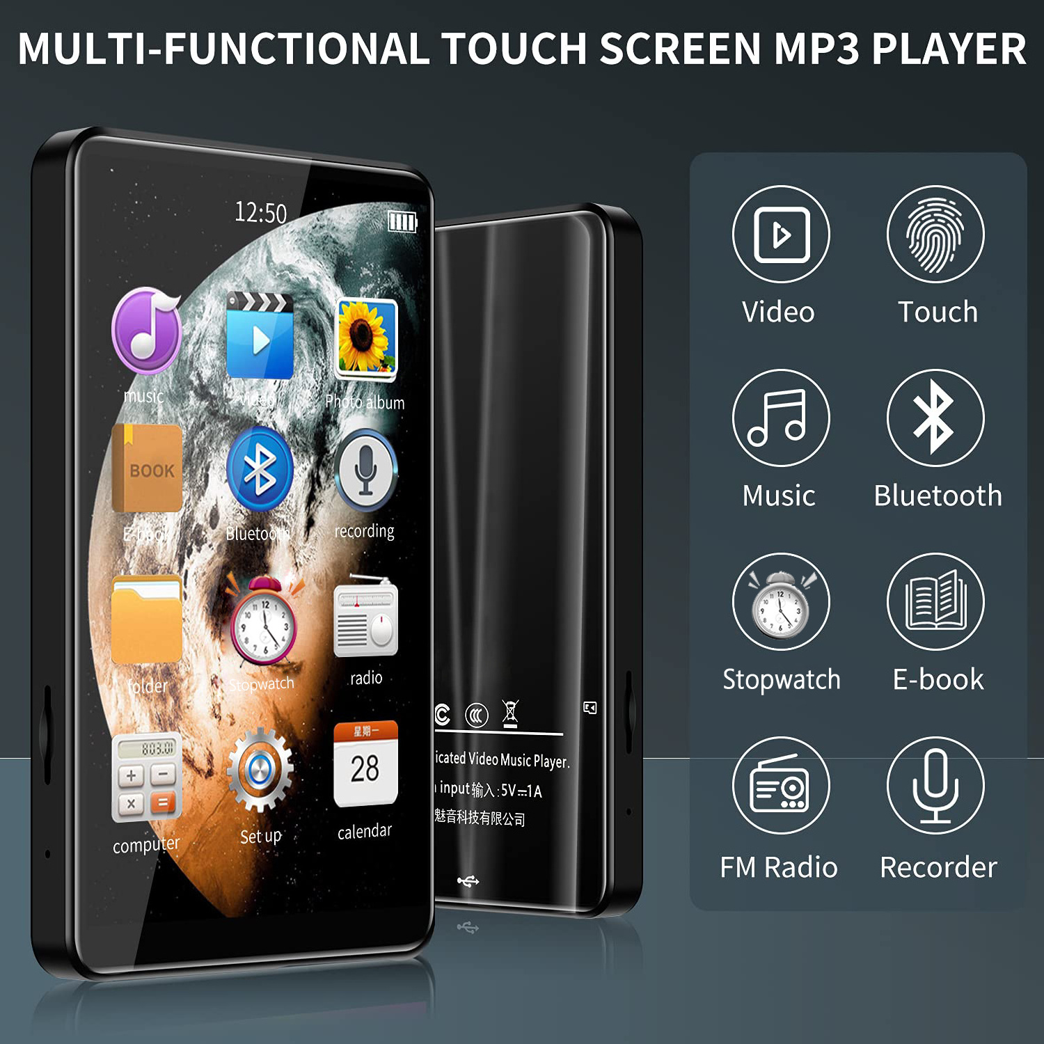 Yophoon 4 Inch Upgraded BT 5.0 MP3 MP4 Players IPS Touch Screen Built in Speaker 16GB Memory Music Audio Player