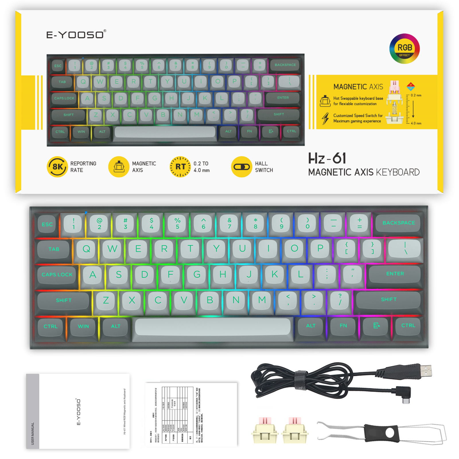 Factory direct sale  60% Key RGB Wired USB Keyboard Linear adjustable Magnetic Axis Switch EYOOSO Gaming Mechanical Keyboard