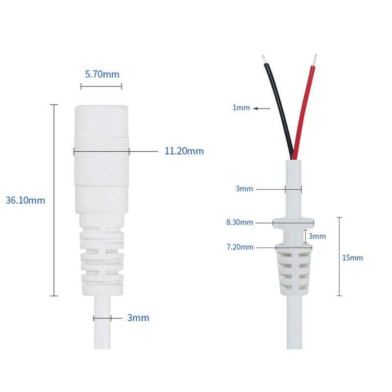 Customized White Female DC 5.5*2.1 mm Plug to OPEN with SR 2464 26awg Power Cable