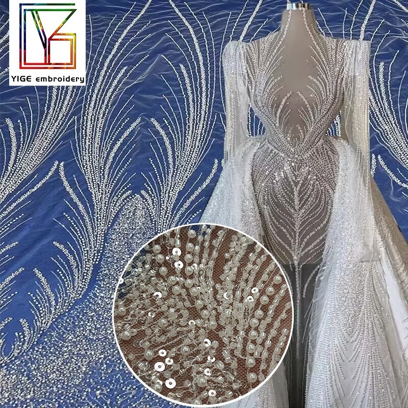 white heavy beaded lace fabric women pearls sequins fabric 3D beaded embroidery Tulle material Luxury african bridal lace fabric