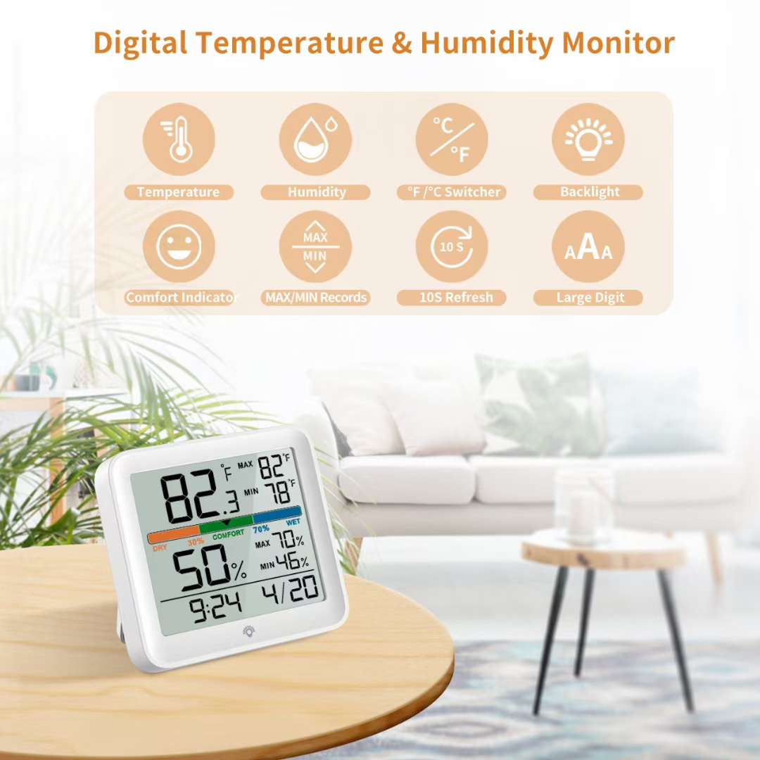 Digital Clock Thermometer Hygrometer LCD Display Electronic Temperature Humidity Meter