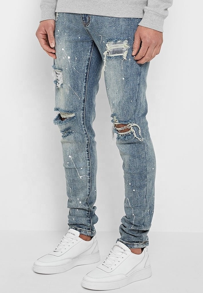 New Men Slim Skinny Fit Distressed Destroyed Ripped Patch Jeans Stretch Denim Pants With Paint