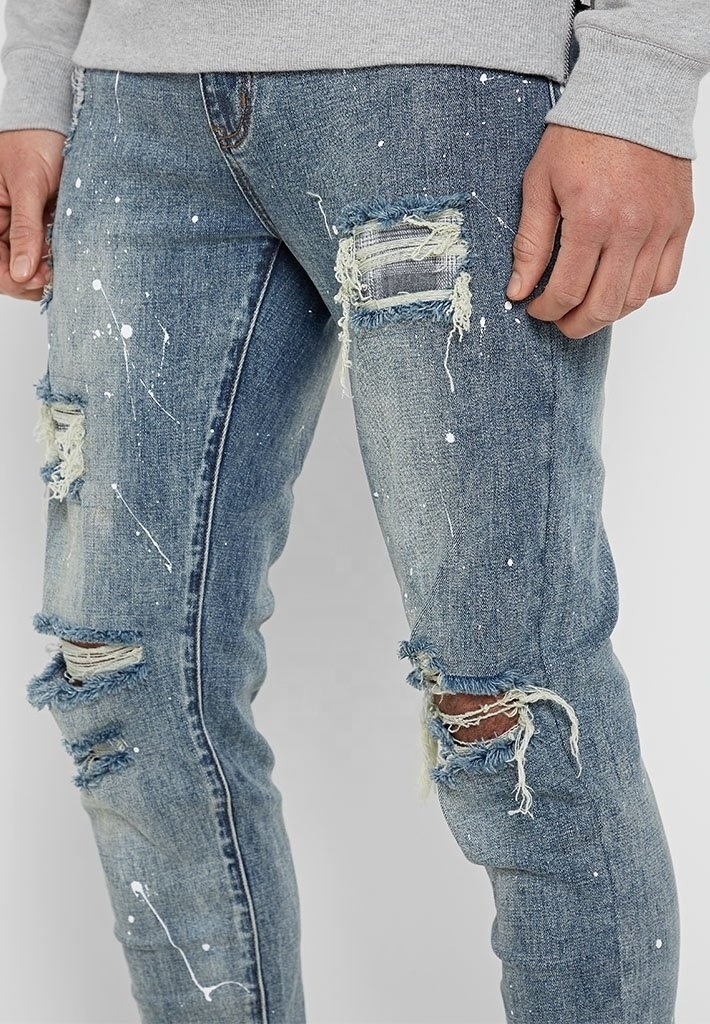 New Men Slim Skinny Fit Distressed Destroyed Ripped Patch Jeans Stretch Denim Pants With Paint