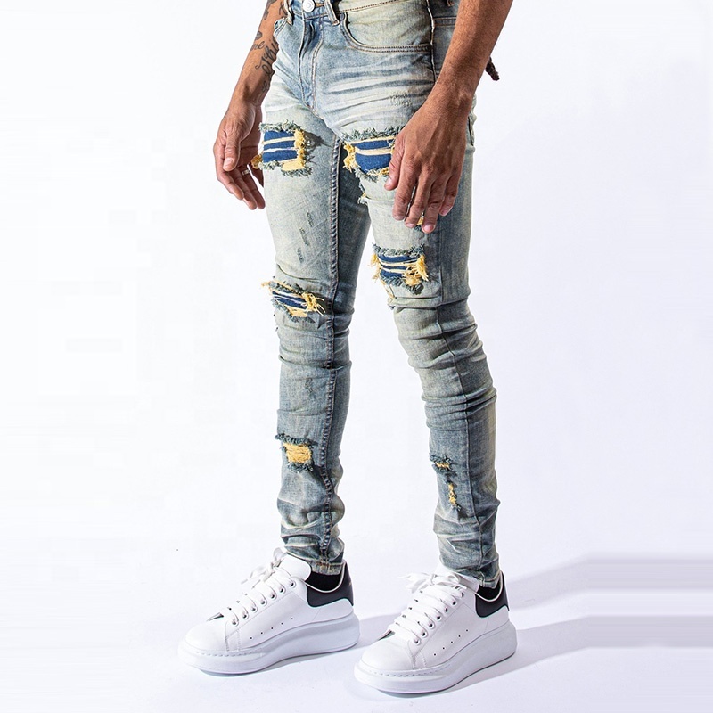 YUEGE Custom Style Jean For Man Distressed Ripped Patchwork High Quality Denim Jeans Men Pantalones