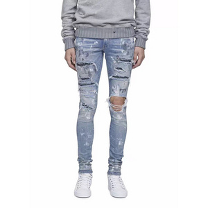 OEM 2021 Men Ripped JeansTrousers Paint Splattered Jeans With Heavy Wash Distress Rhinestones Jeans