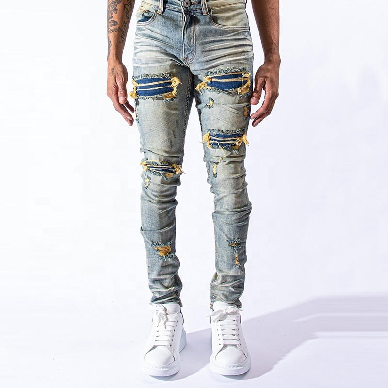 YUEGE Custom Style Jean For Man Distressed Ripped Patchwork High Quality Denim Jeans Men Pantalones