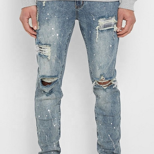 New Men Slim Skinny Fit Distressed Destroyed Ripped Patch Jeans Stretch Denim Pants With Paint