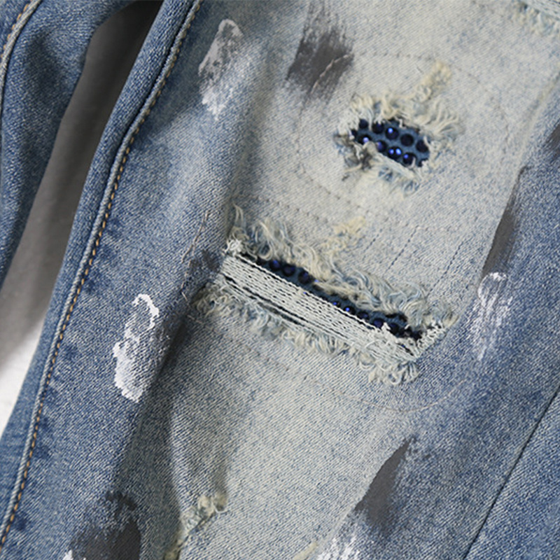 OEM 2021 Men Ripped JeansTrousers Paint Splattered Jeans With Heavy Wash Distress Rhinestones Jeans