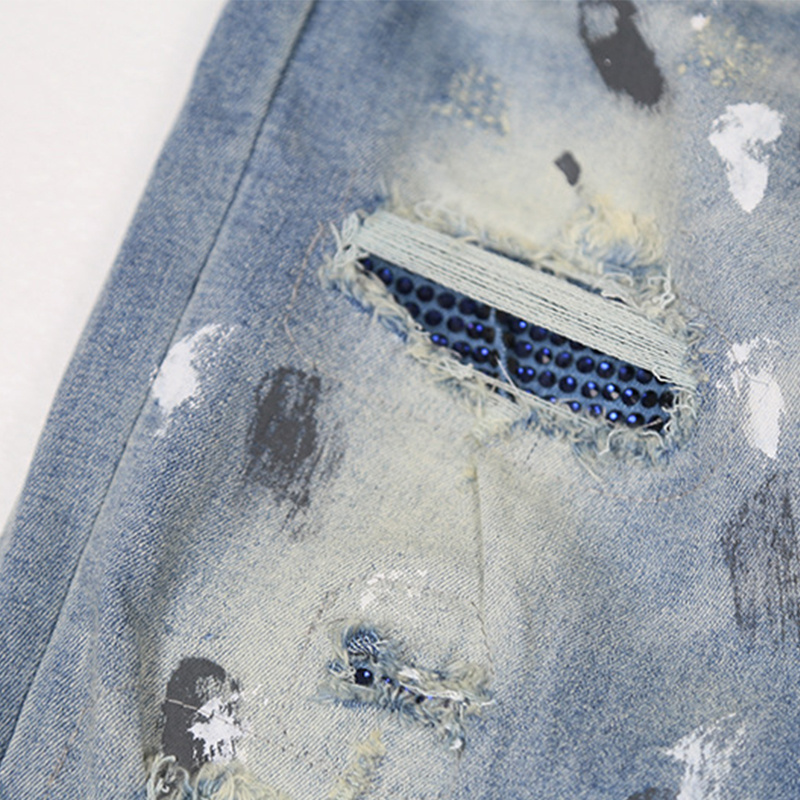 OEM 2021 Men Ripped JeansTrousers Paint Splattered Jeans With Heavy Wash Distress Rhinestones Jeans