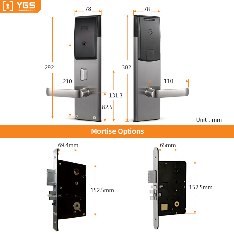 Hotel Key Card Lock Classic Keyless Technology Steel Room Wooden Door Lock With Handles Key