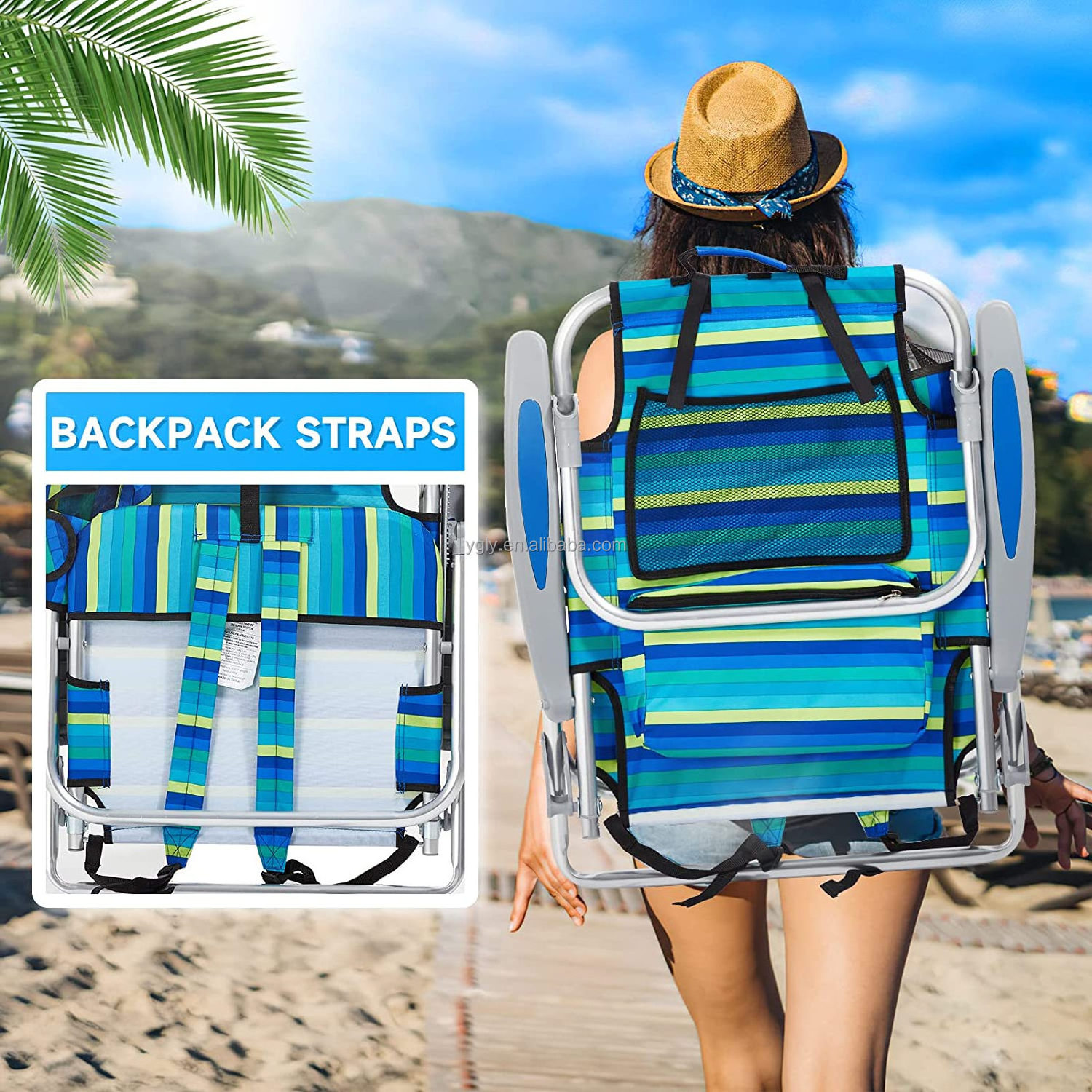 YG-B004 Folding Backpack Beach Chair with 4 Positions, Carry Handle, Storage Pouch, Cup Holder and Phone Holder, Lightweight