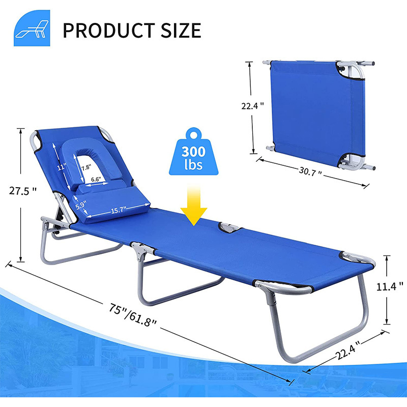 YG-B001 Folding Chaise Lounge Beach Chair, Face Down Tanning Chair with Face Hole Detachable Pillow