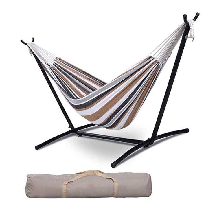 Yard Hammock 2-Person Brazilian-Style Cotton Double Hammock Bed w/Carrying Bag, Steel Stand, Desert Stripes