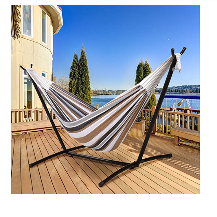 Yard Hammock 2-Person Brazilian-Style Cotton Double Hammock Bed w/Carrying Bag, Steel Stand, Desert Stripes