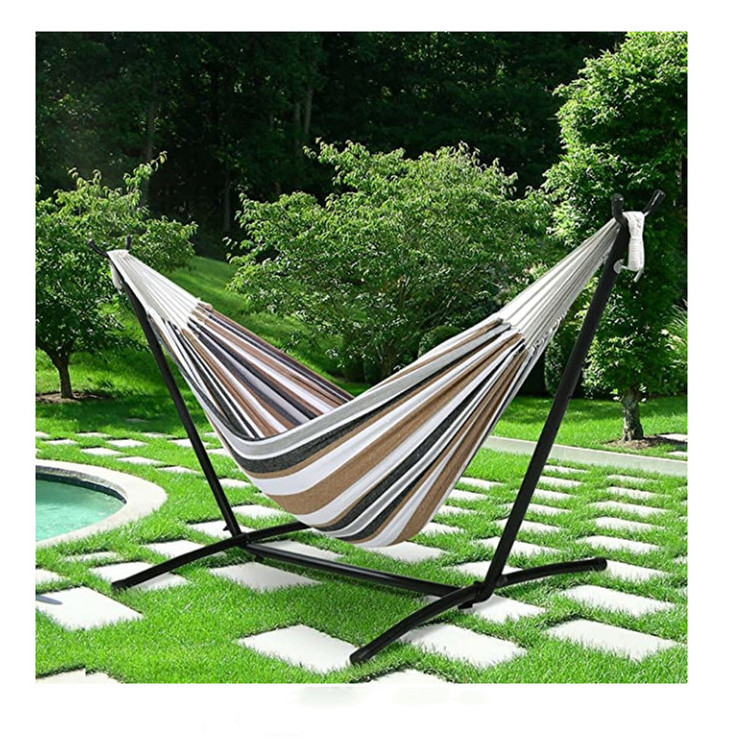 Yard Hammock 2-Person Brazilian-Style Cotton Double Hammock Bed w/Carrying Bag, Steel Stand, Desert Stripes