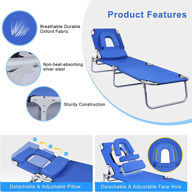 YG-B001 Folding Chaise Lounge Beach Chair, Face Down Tanning Chair with Face Hole Detachable Pillow