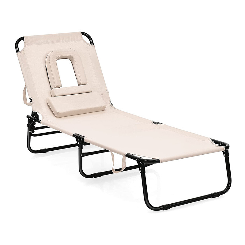 YG-B001  Folding Lounge Chair for Beach Poolside Balcony Patio, Portable Recliner w/Tanning Face Down Hole and Pillow